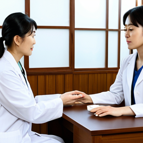 A professional, experienced Hanbang doctor, a woman of East Asian descent, wearing a neat and modest white lab coat, attentively performing a traditional pulse diagnosis on a female patient. The patient is a middle-aged woman, also of East Asian descent, dressed in appropriate, modest casual attire, sitting comfortably and looking thoughtful. They are in a clean, brightly lit Hanbang clinic consultation room. The room combines modern design with subtle traditional Korean elements, such as a neat wooden desk and a few delicate, decorative herbal medicine jars on a shelf in the background. Natural light streams through a large window, creating a serene and professional atmosphere. Professional, trustworthy, calm, high-quality medical photography, safe for work, appropriate content, fully clothed, professional dress, perfect anatomy, correct proportions, natural pose, well-formed hands, proper finger count, natural body proportions, high resolution.