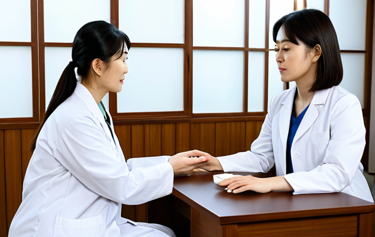 A professional, experienced Hanbang doctor, a woman of East Asian descent, wearing a neat and modest white lab coat, attentively performing a traditional pulse diagnosis on a female patient. The patient is a middle-aged woman, also of East Asian descent, dressed in appropriate, modest casual attire, sitting comfortably and looking thoughtful. They are in a clean, brightly lit Hanbang clinic consultation room. The room combines modern design with subtle traditional Korean elements, such as a neat wooden desk and a few delicate, decorative herbal medicine jars on a shelf in the background. Natural light streams through a large window, creating a serene and professional atmosphere. Professional, trustworthy, calm, high-quality medical photography, safe for work, appropriate content, fully clothed, professional dress, perfect anatomy, correct proportions, natural pose, well-formed hands, proper finger count, natural body proportions, high resolution.