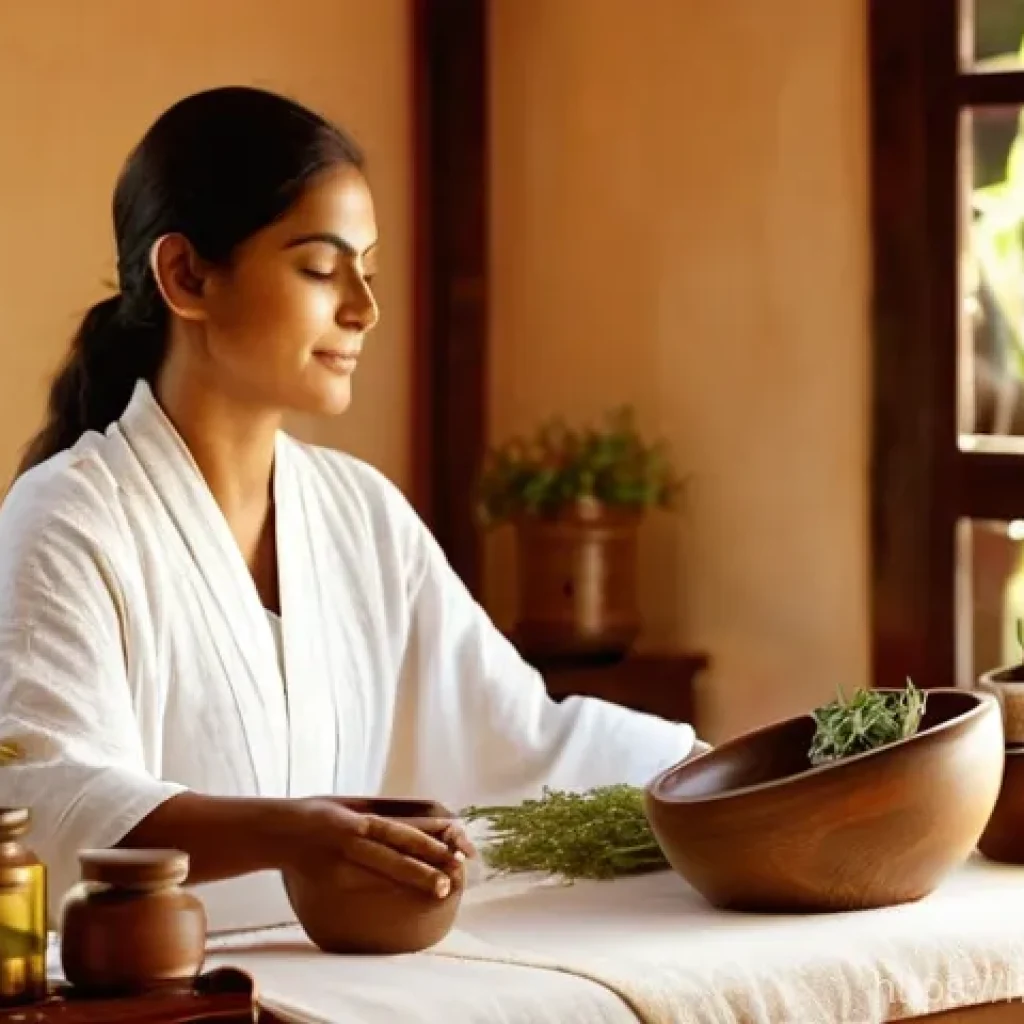 한방병원 감기 치료 후기 - **Prompt:** A serene and inviting traditional Ayurvedic treatment room with warm, diffused sunlight ...