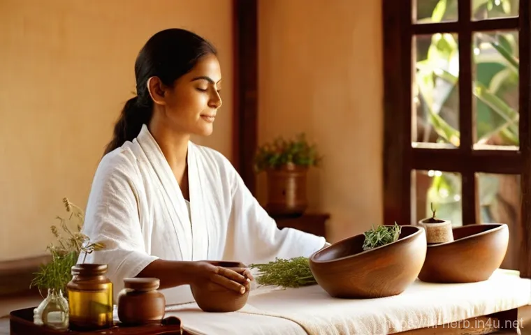 한방병원 감기 치료 후기 - **Prompt:** A serene and inviting traditional Ayurvedic treatment room with warm, diffused sunlight ...