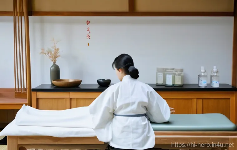 허리디스크 한방병원 치료 성공 사례 - Image Prompt 1: Acupuncture for Back Pain Relief in a Hanbang Clinic**