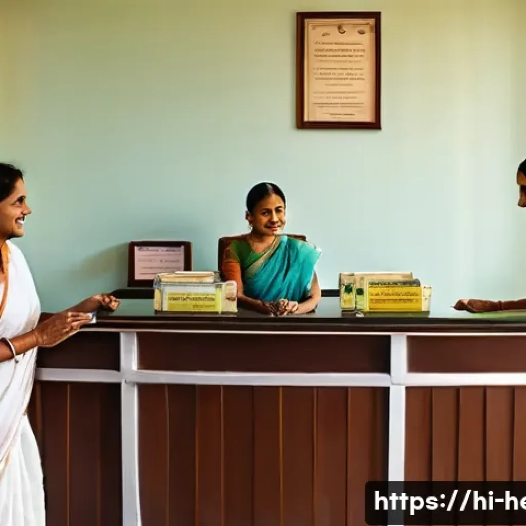 한방병원 입원 비용 보험 청구 - A calm and professional Ayurvedic hospital reception area in India, with Hindi signage in Devanagari...