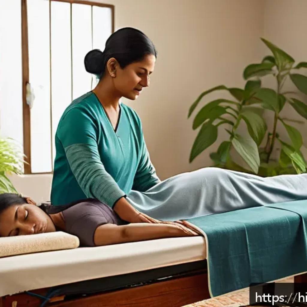 한방병원에서의 장기 치료 사례 - A serene and detailed scene of a middle-aged Indian woman receiving acupuncture therapy in a traditi...