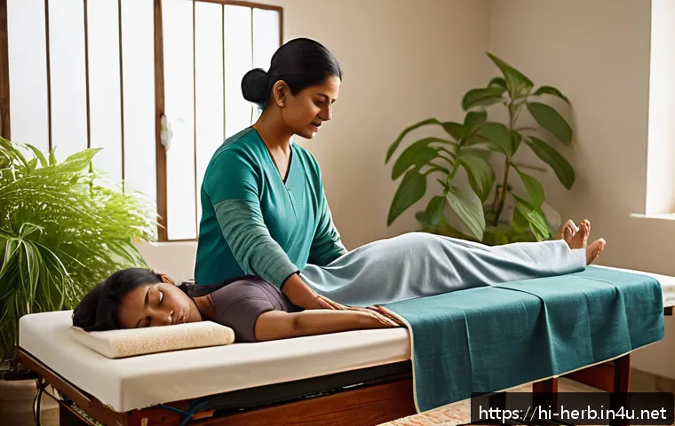 한방병원에서의 장기 치료 사례 - A serene and detailed scene of a middle-aged Indian woman receiving acupuncture therapy in a traditi...