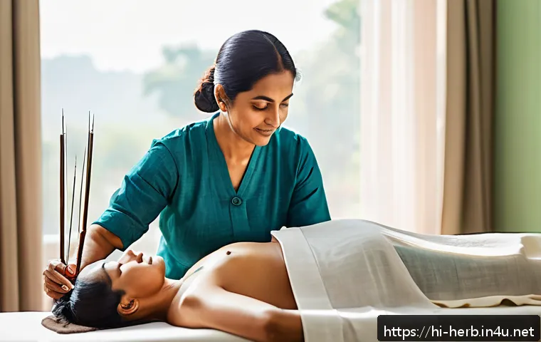 한방병원 침술 비용 - A serene acupuncture clinic scene in India with a middle-aged Hindi-speaking woman lying comfortably...