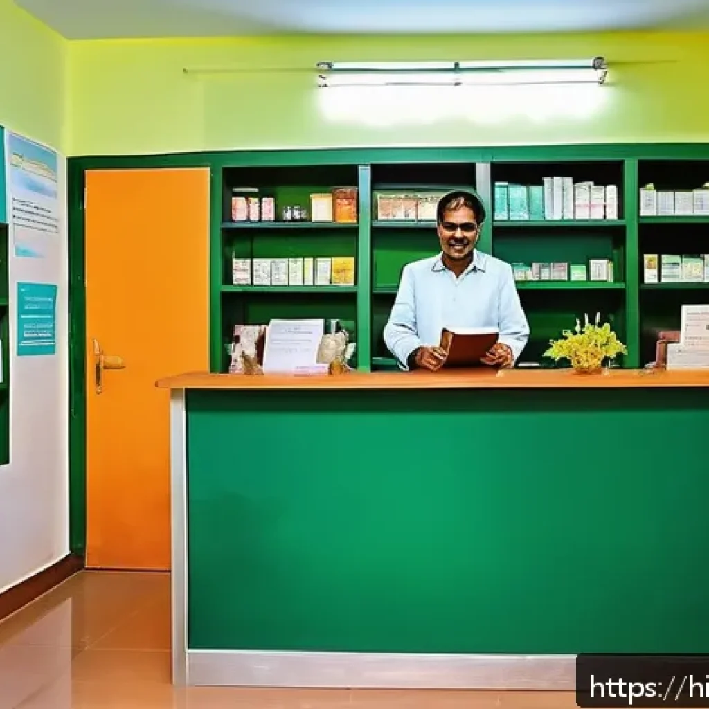 한방병원 건강보험 적용 절차 - A modern herbal hospital reception area in India, with a welcoming desk staffed by a friendly recept...