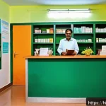 Home 22 한방병원 건강보험 적용 절차 - A modern herbal hospital reception area in India, with a welcoming desk staffed by a friendly recept...