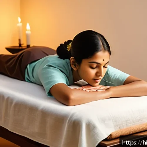 Home 33 불면증 침술 치료 후기 - A serene scene of a young Indian woman peacefully receiving acupuncture treatment in a calm, softly ...