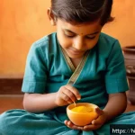 Home 20 소아 성장치료 한방 프로그램 - A warm and nurturing scene of a young Indian child wearing traditional comfortable cotton clothing, ...