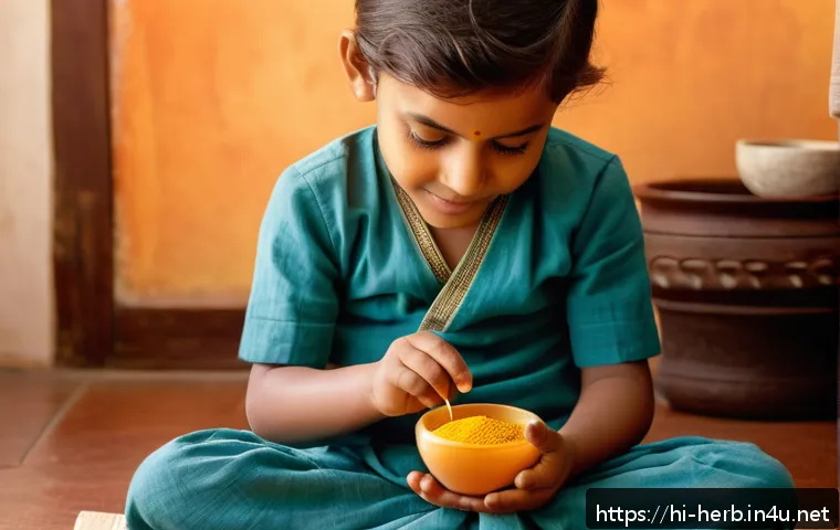 소아 성장치료 한방 프로그램 - A warm and nurturing scene of a young Indian child wearing traditional comfortable cotton clothing, ...
