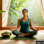 Home 18 편두통 한방치료 방법 - A serene Ayurvedic wellness scene featuring a middle-aged Indian woman sitting peacefully in a tradi...