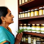 Home 23 한방병원 다이어트 성공 사례 - A serene herbal clinic setting with a middle-aged Indian woman consulting a herbal expert, surrounde...