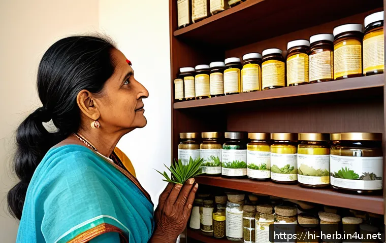 한방병원 다이어트 성공 사례 - A serene herbal clinic setting with a middle-aged Indian woman consulting a herbal expert, surrounde...