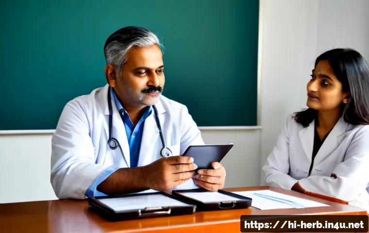 Home 17 한방병원과 양방치료 병행 사례 - Photorealistic consultation in a modern integrative healthcare clinic, an Indian middle-aged patient...
